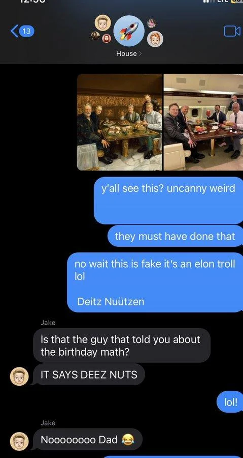 1721 Deitz Nuutzen Painting Hoax — Text message conversation showing people reacting to and debating the Deitz Nuützen hoax authenticity.
