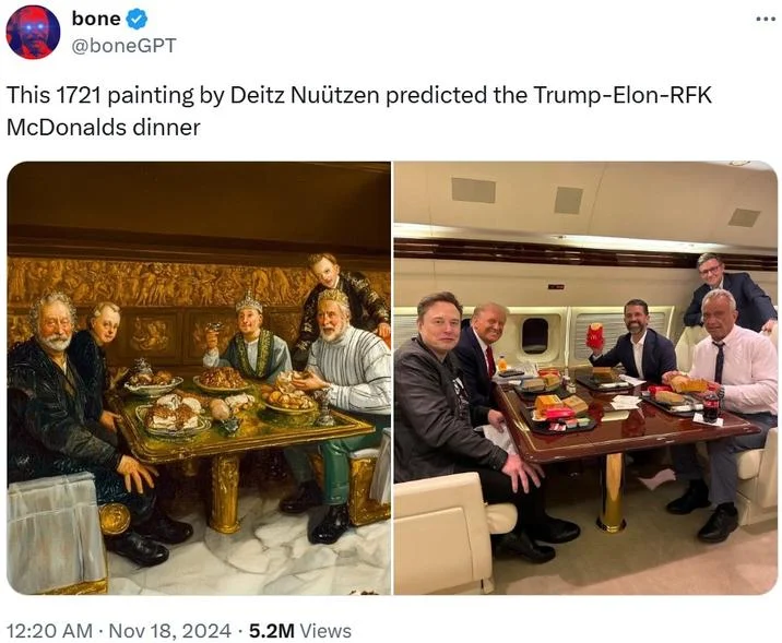 1721 Deitz Nuutzen Painting Hoax — Twitter post from @boneGPT displaying the hoax claim with side-by-side comparison of supposed painting and photograph.