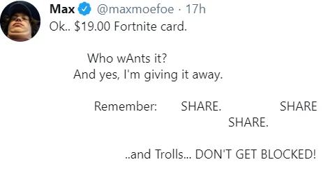 19 Dollar Fortnite Card — Text-based meme displaying the viral tweet about $19 Fortnite card giveaway with repeated 'SHARE' emphasis.