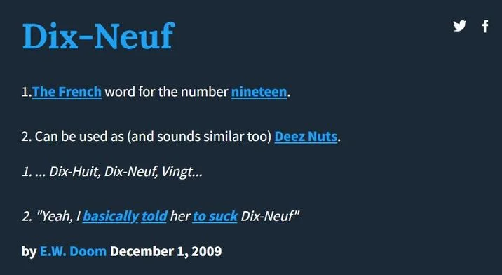 19 In French — Educational definition page explaining how the French word for 19 sounds like Deez Nuts with meme references.