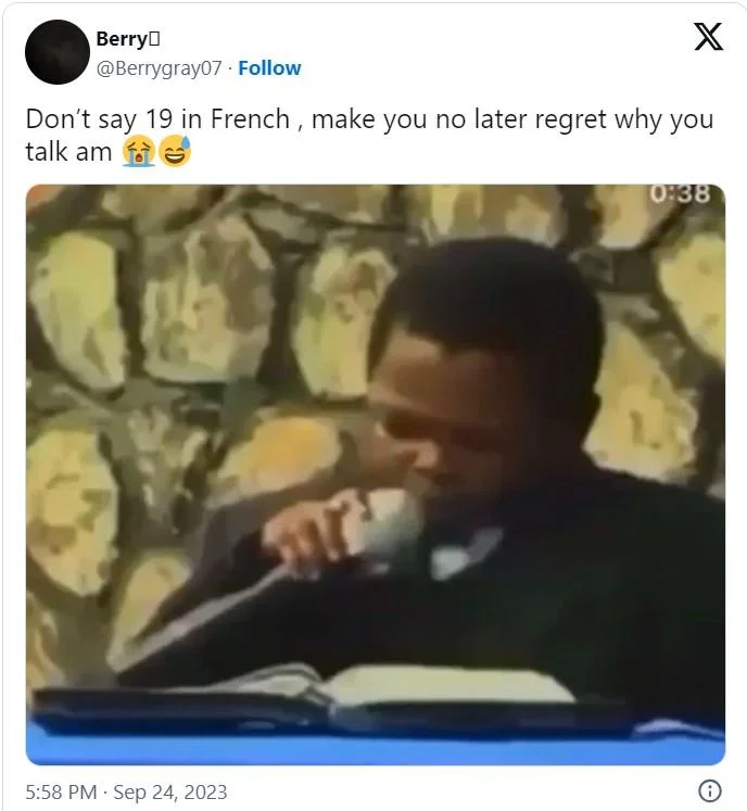 Twitter screenshot from September 2023 warning not to say 19 in French with reaction video clip.