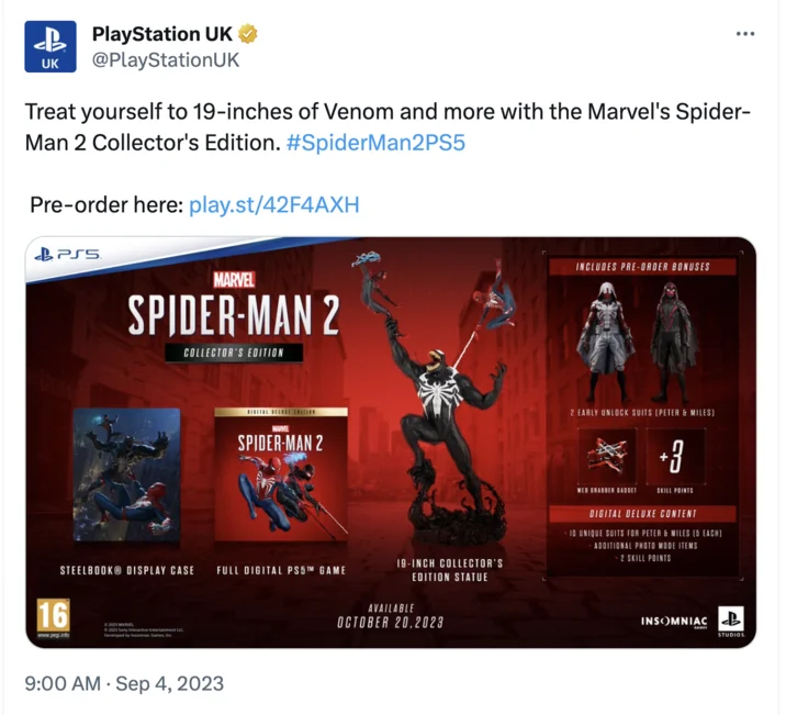 19 Inches Of Venom — The original PlayStation UK tweet advertising the Marvel Spider-Man 2 Collector's Edition with 19-inch Venom statue.