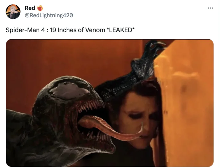 Humorous tweet claiming 'Spider-Man 4: 19 Inches of Venom *LEAKED*' with Venom character image.