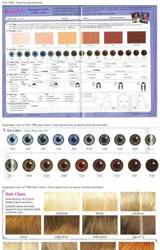1998 Eye Chart — The original 1998 Personal Profile Order Form from a doll customization catalog showing the eye color reference chart.