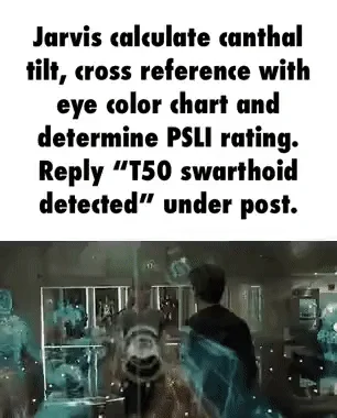 1998 Eye Chart — Meme showing text about Jarvis calculating PSLI rating with eye chart reference and T50 detection result.