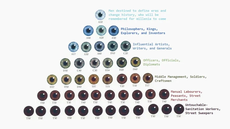 1998 Eye Chart — The definitive viral meme showing eye color designations A10-T50 organized in pyramid hierarchy with social group assignments.