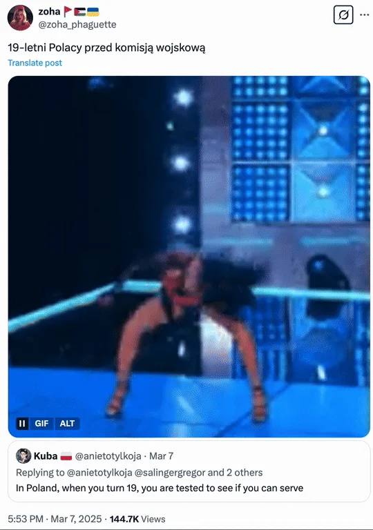 19Th Birthday In Poland — GIF showing a female dancer in blue and white outfit with neon lighting, captioned with Polish text about 19-year-olds before
