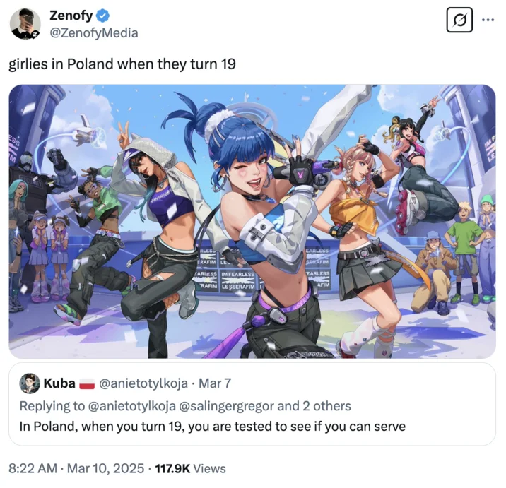 19Th Birthday In Poland — Animated GIF showing multiple stylized female characters in various dynamic dancing and performing poses with colorful outfits.