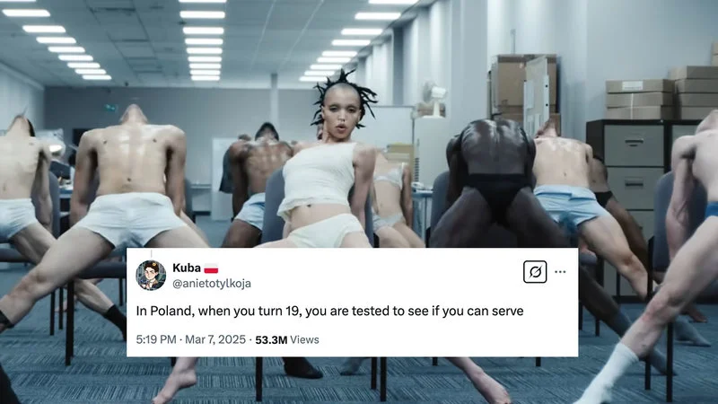 19Th Birthday In Poland — Screenshot from a music video showing multiple female performers in various poses and outfits in an office setting, overlaid with the