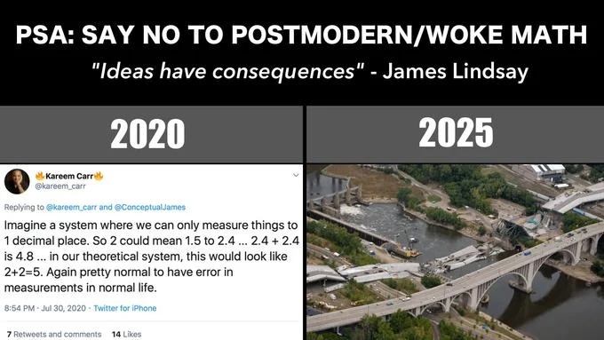 2 2 5 — Composite meme contrasting attitudes toward mathematics between 2020 and 2025 with rounding implications.