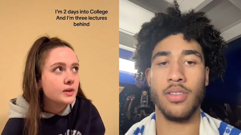 2 Days Into College — Two-panel reaction meme displaying the viral song's recognizable lyrics about the college experience.