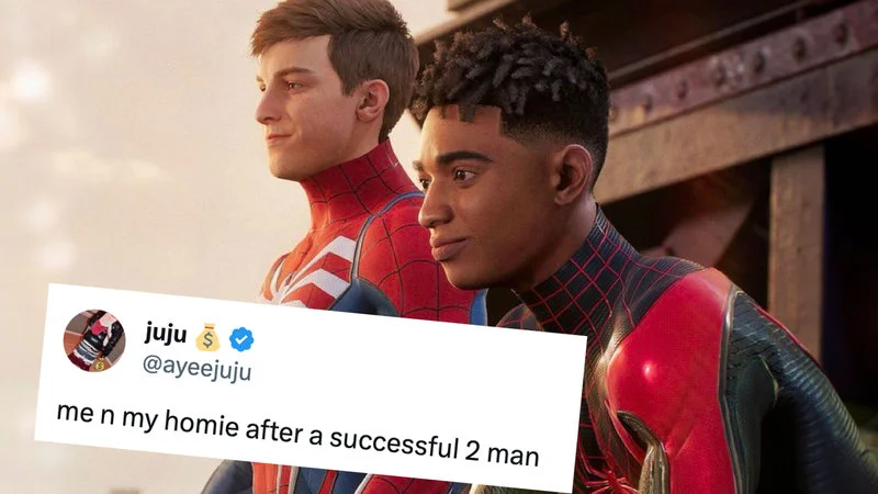 2 Man Slang — Spider-Man meme featuring two Spider-Man characters with text 'me n my homie after a successful 2 man'.