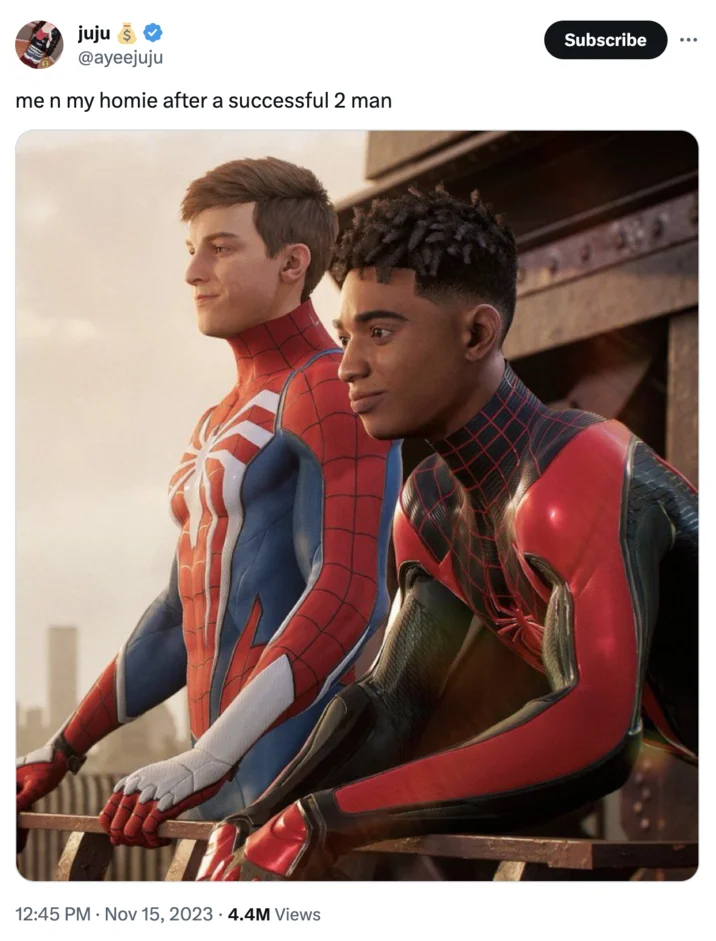 2 Man Slang — Spider-Man meme on Twitter/X showing two Spider-Men with caption about a successful 2 man encounter.