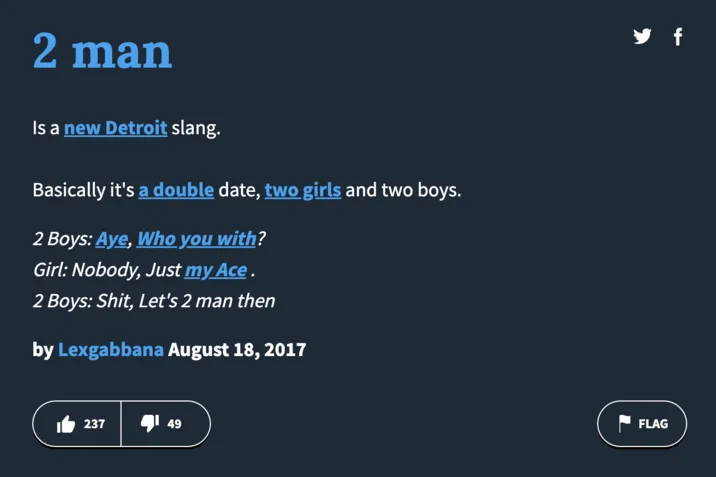 Urban Dictionary-style text definition of 2 man slang as a Detroit term with example dialogue.