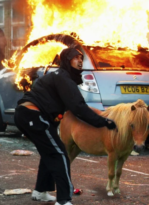 2011 United Kingdom Riots — Photoshopped image of a rioter petting a Shetland pony in front of a burning car