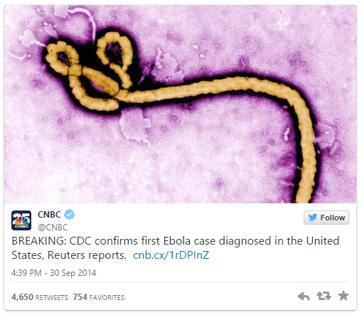 2014 Ebola Outbreak — CNBC tweet screenshot announcing first US Ebola case with microscope image of the virus
