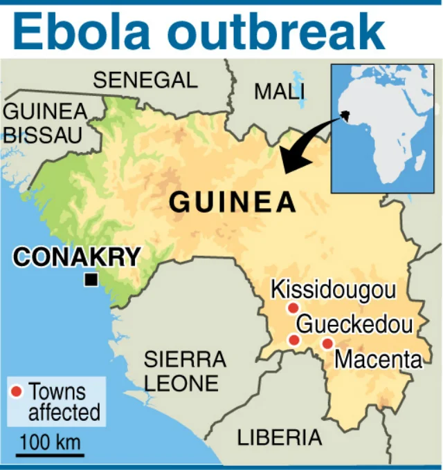 2014 Ebola Outbreak — Map of Guinea showing Ebola outbreak-affected towns in West Africa