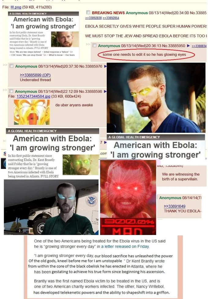 Glowing Eyes — 4chan thread screenshot with photoshopped glowing-eye edits of an Ebola patient