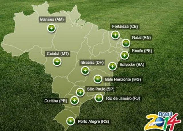 2014 Fifa World Cup Brazil — Map of Brazil showing the twelve 2014 World Cup host cities