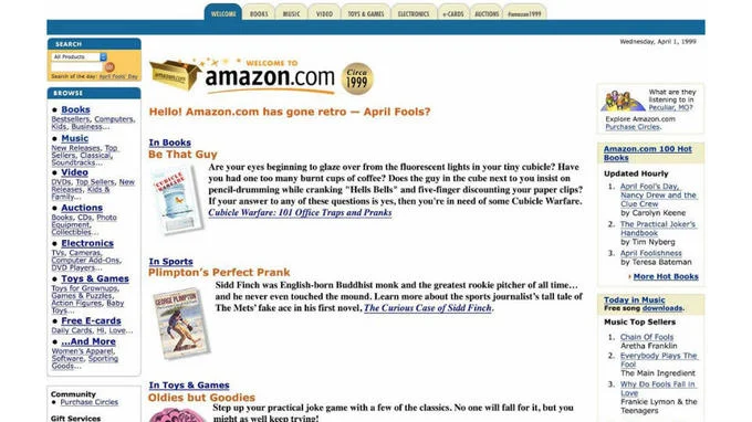 2015 April Fools Day — Amazon's revived 1999-era website design with retro styling and fake product listings.