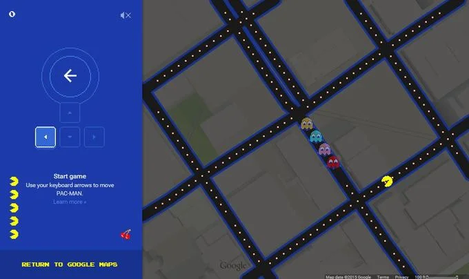 2015 April Fools Day — Google Maps interactive Pac-Man game from April Fools' 2015 playable over any map location.