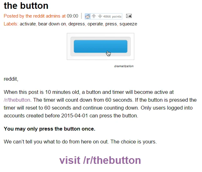 2015 April Fools Day — Reddit's 'The Button' interactive experiment where users could press a button resetting a countdown timer.