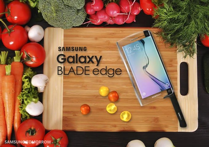 2015 April Fools Day — Samsung's fictional Galaxy 'Blade Edge' combining a wooden cutting board with an embedded smartphone.