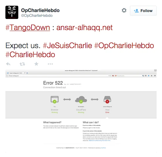 2015 Charlie Hebdo Terrorist Attack — OpCharlieHebdo Anonymous tweet claiming takedown of jihadist website ansar-alhaqq.net
