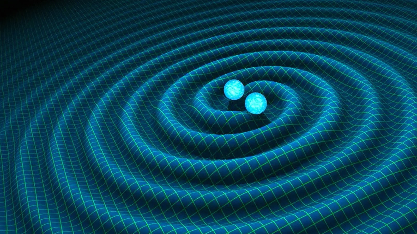 2016 Gravitational Wave Observation — Illustration of two orbiting neutron stars generating gravitational wave ripples across a green spacetime grid