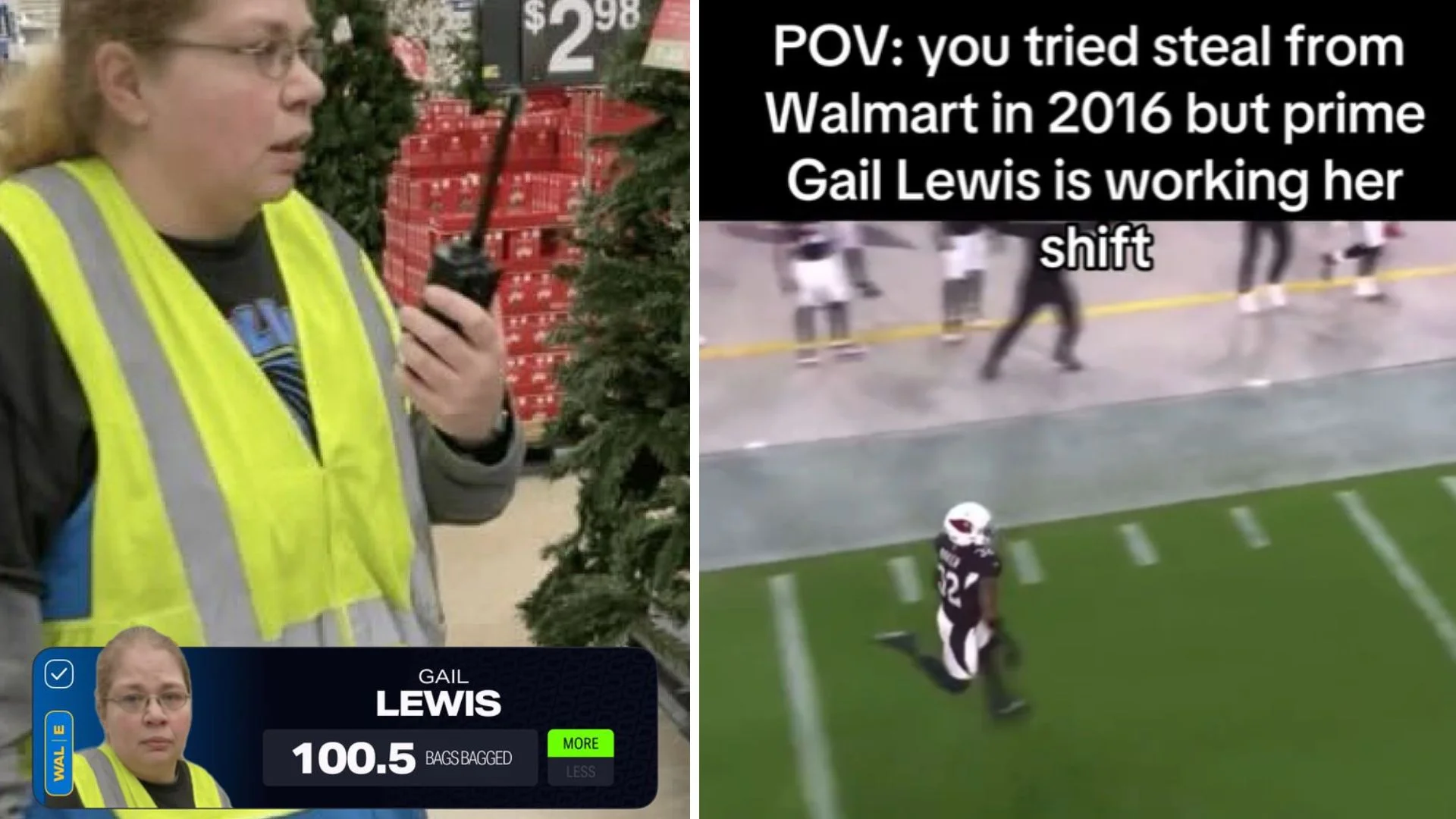 2016 Prime Gail Lewis — Split image of Walmart employee Gail Lewis with walkie-talkie beside NFL football clip and meme caption about prime Gail Lewis working