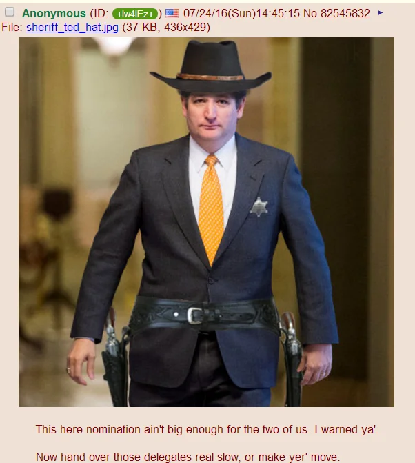 2016 United States Presidential Election — 4chan post screenshot of a man in cowboy hat and suit with political text