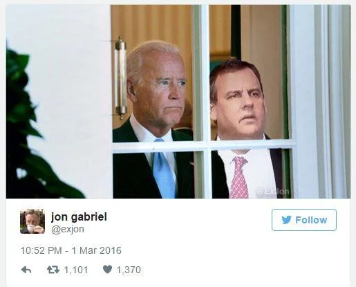 2016 United States Presidential Election — Tweet screenshot photoshop of Joe Biden and Chris Christie gazing out a window