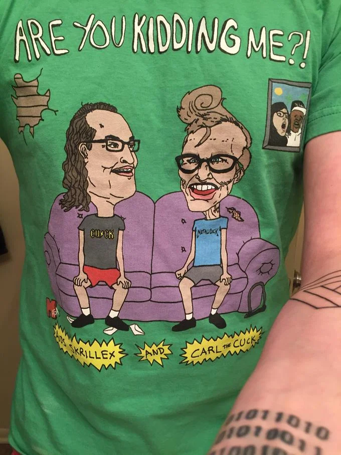 2016 United States Presidential Election — Green Beavis and Butthead parody t-shirt reading 'Are You Kidding Me' with Skrillex and Carl the Cuck characters