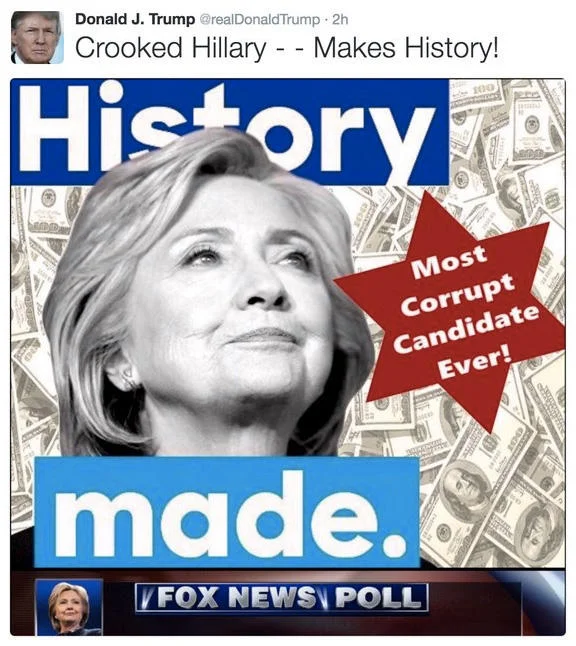 2016 United States Presidential Election — Donald Trump tweet screenshot attacking Hillary Clinton with Most Corrupt Candidate Ever graphic
