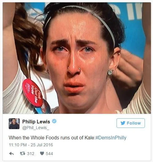 2016 United States Presidential Election — Tweet screenshot of crying woman at DNC captioned When the Whole Foods runs out of Kale