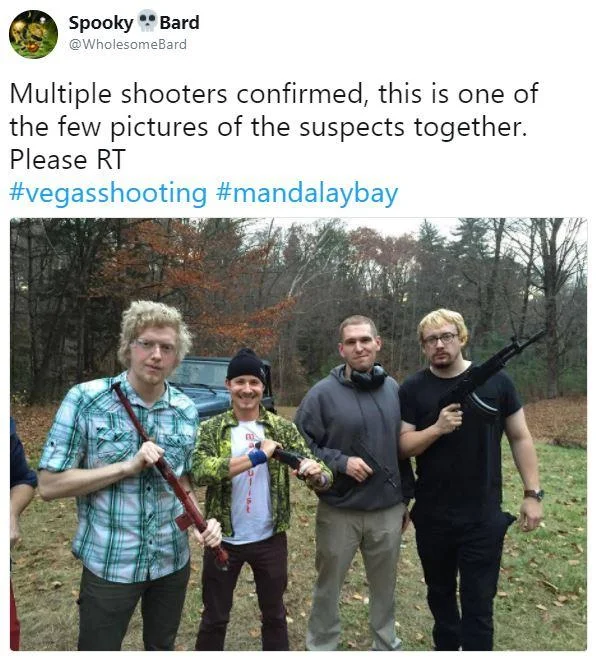 2017 Las Vegas Strip Shooting — Screenshot of a hoax tweet claiming a missing brother in Las Vegas, using a known meme face as the photo.