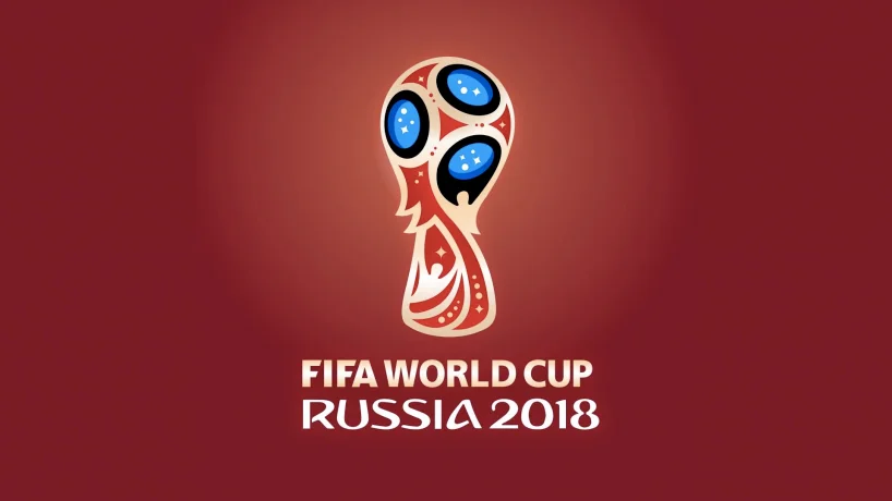 2018 FIFA World Cup Russia official logo with trophy emblem on red background