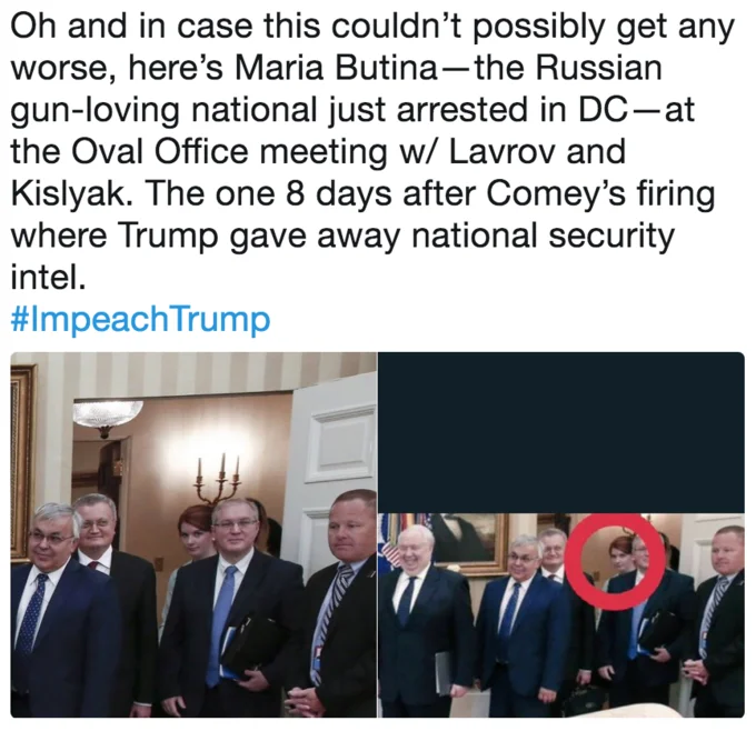 2018 Russia United States Summit — Tweet showing Maria Butina circled in an Oval Office meeting photo with Russian officials