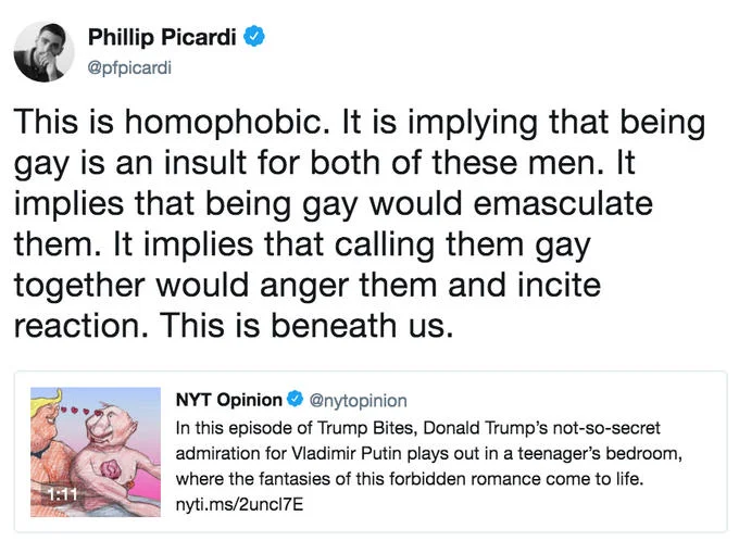 2018 Russia United States Summit — Phillip Picardi tweet criticizing NYT Trump-Putin cartoon as homophobic