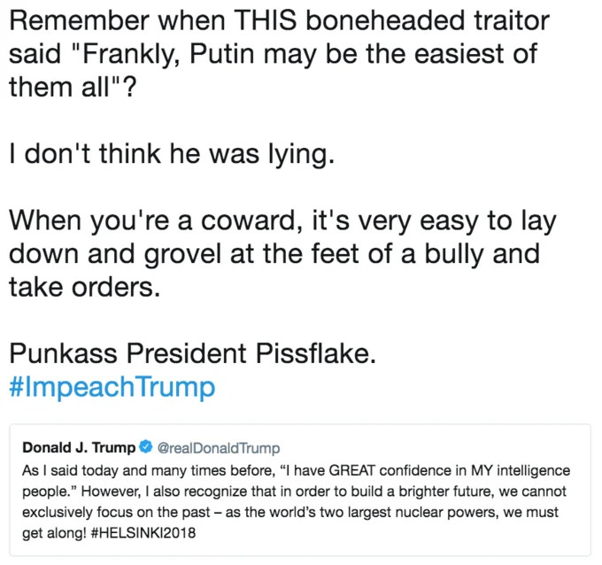 2018 Russia United States Summit — Tweet mocking Trump's Helsinki performance with embedded Trump tweet about Helsinki 2018