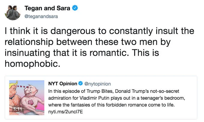2018 Russia United States Summit — Tegan and Sara tweet calling NYT Trump-Putin cartoon homophobic
