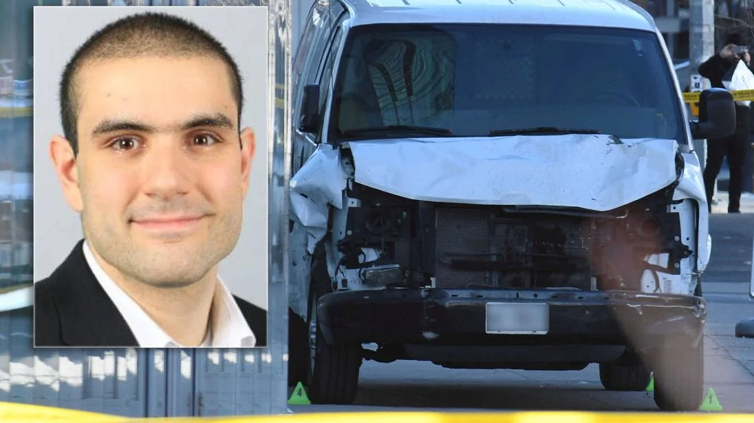 2018 Toronto Van Attack — Headshot of Alek Minassian next to a photo of the damaged white van used in the 2018 Toronto attack