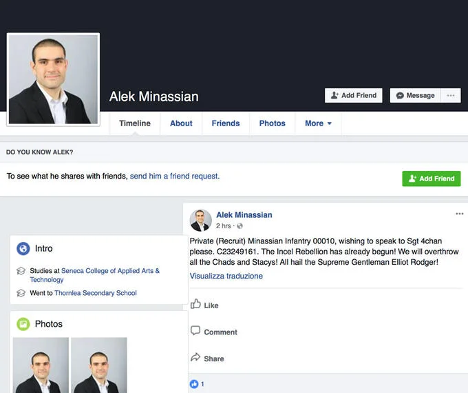 2018 Toronto Van Attack — Screenshot of Alek Minassian's Facebook post about the Incel Rebellion