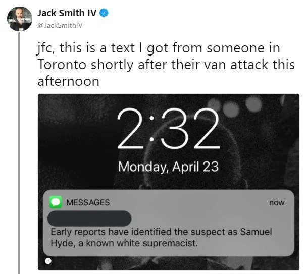 2018 Toronto Van Attack — Tweet showing a text message falsely identifying the Toronto van attack suspect as Sam Hyde