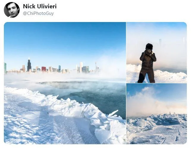 2019 North American Polar Vortex — Nick Ulivieri tweet with photos of frozen Chicago skyline during the polar vortex