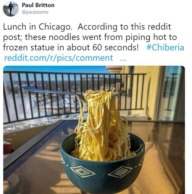 2019 North American Polar Vortex — Tweet showing frozen noodles suspended on a fork during the Chicago polar vortex