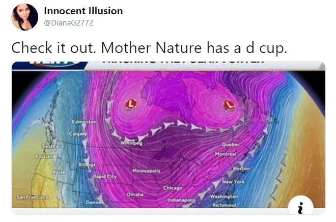 2019 North American Polar Vortex — Tweet joking Mother Nature has a D cup over the polar vortex weather map