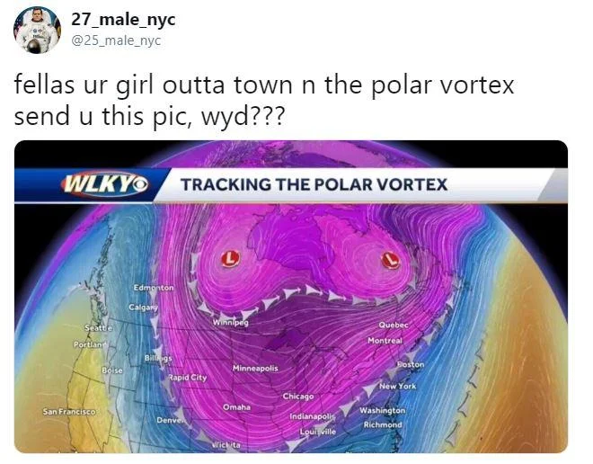 2019 North American Polar Vortex — Tweet joking that the WLKY polar vortex map resembles a suggestive image