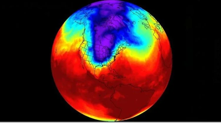 2019 North American Polar Vortex — Global temperature map showing polar vortex cold air mass over North America