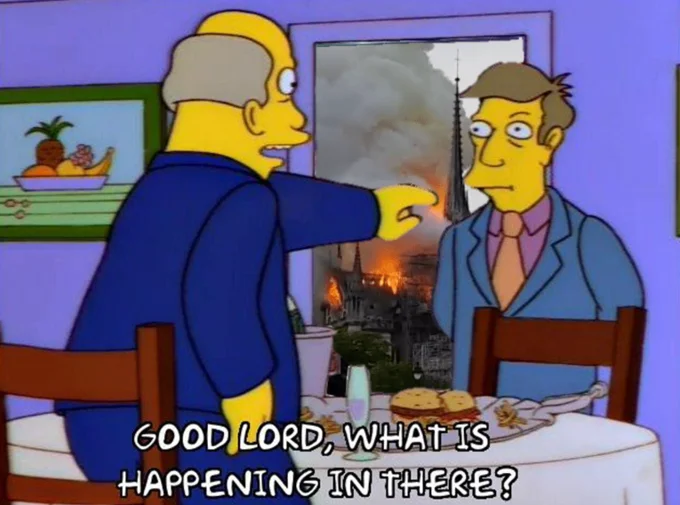 2019 Notre Dame Fire — Quasimodo This Is Fine meme with burning room